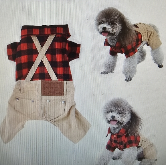 Pet Costume Red Plaid Shirt with Khaki Overalls One Piece Medium Breed Size NWOT - Picture 1 of 11